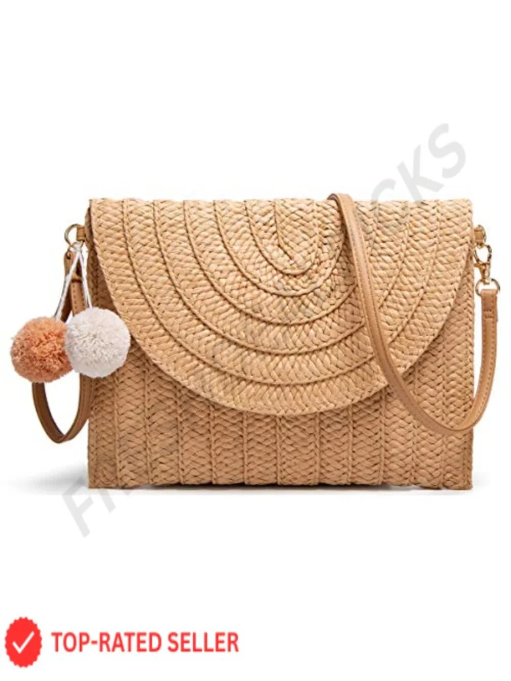 Woven Straw Clutch Handbag with PomPoms Crossbody Beach Summer Purse